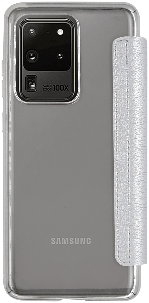 Samsung Galaxy S20 Ultra 5G (SM-G988B) oldalra nyíló flipes bőrtok átlátszó szilikon hátlap, fémhatású keret ezüst