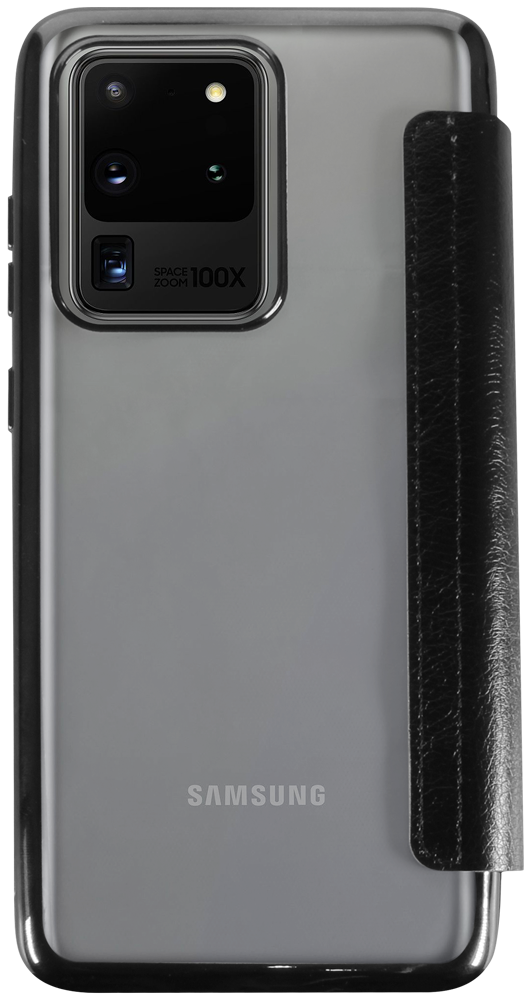 Samsung Galaxy S20 Ultra 5G (SM-G988B) oldalra nyíló flipes bőrtok átlátszó szilikon hátlap, fémhatású keret fekete