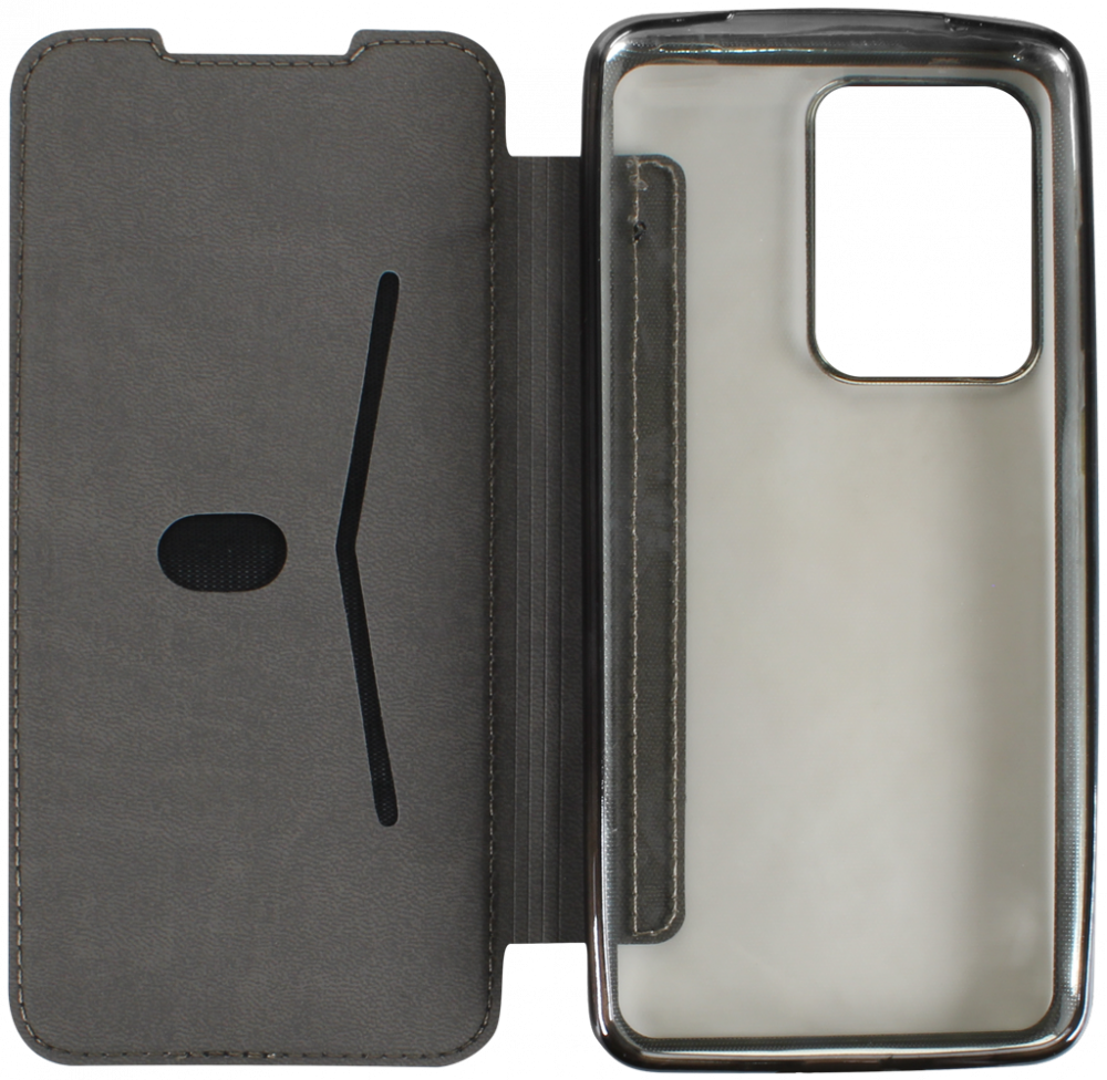 Samsung Galaxy S20 Ultra 5G (SM-G988B) oldalra nyíló flipes bőrtok átlátszó szilikon hátlap, fémhatású keret fekete