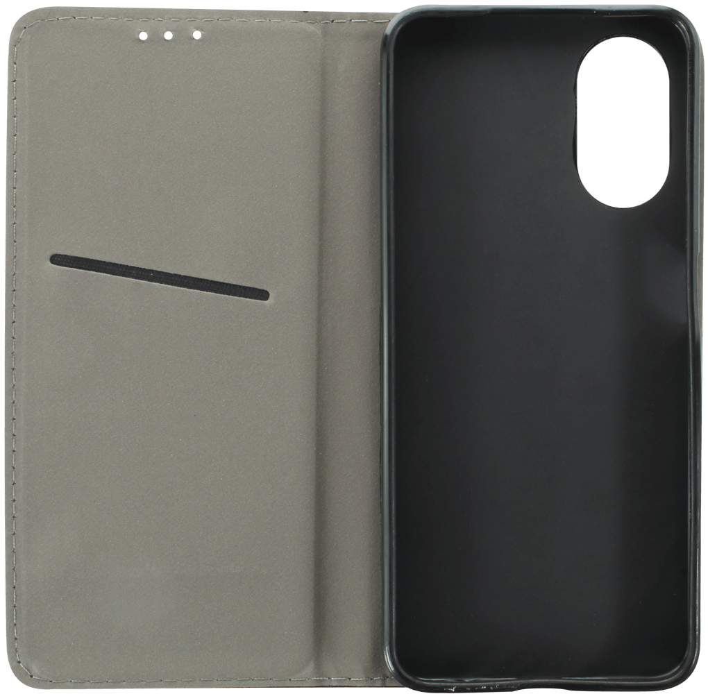 Oppo A17 oldalra nyíló flipes bőrtok asztali tartó funkciós fekete