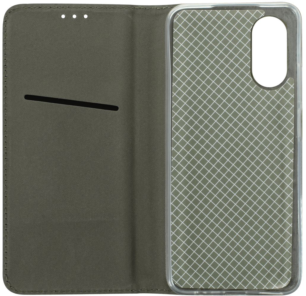 Oppo A17 oldalra nyíló flipes bőrtok asztali tartó funkciós sötétzöld