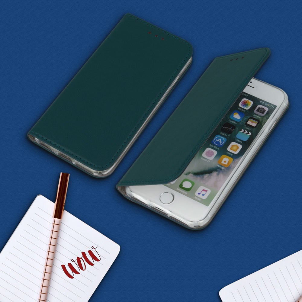 Motorola Moto G23 oldalra nyíló flipes bőrtok asztali tartó funkciós sötétzöld