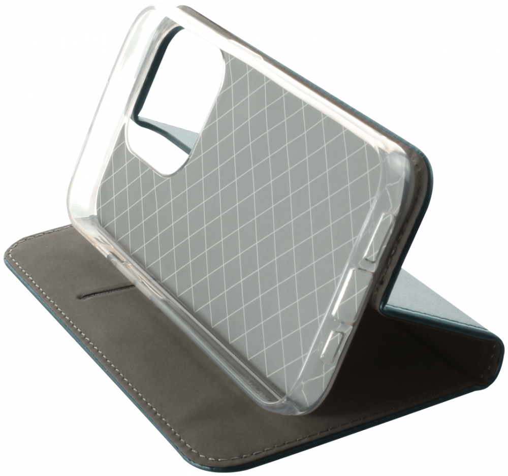 Apple iPhone 15 Pro oldalra nyíló flipes bőrtok asztali tartó funkciós sötétzöld
