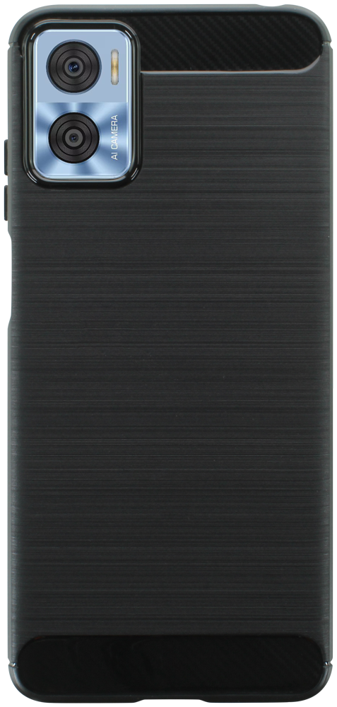 Motorola Moto E22 ütésálló szilikon tok szálcsiszolt-karbon minta légpárnás sarok fekete
