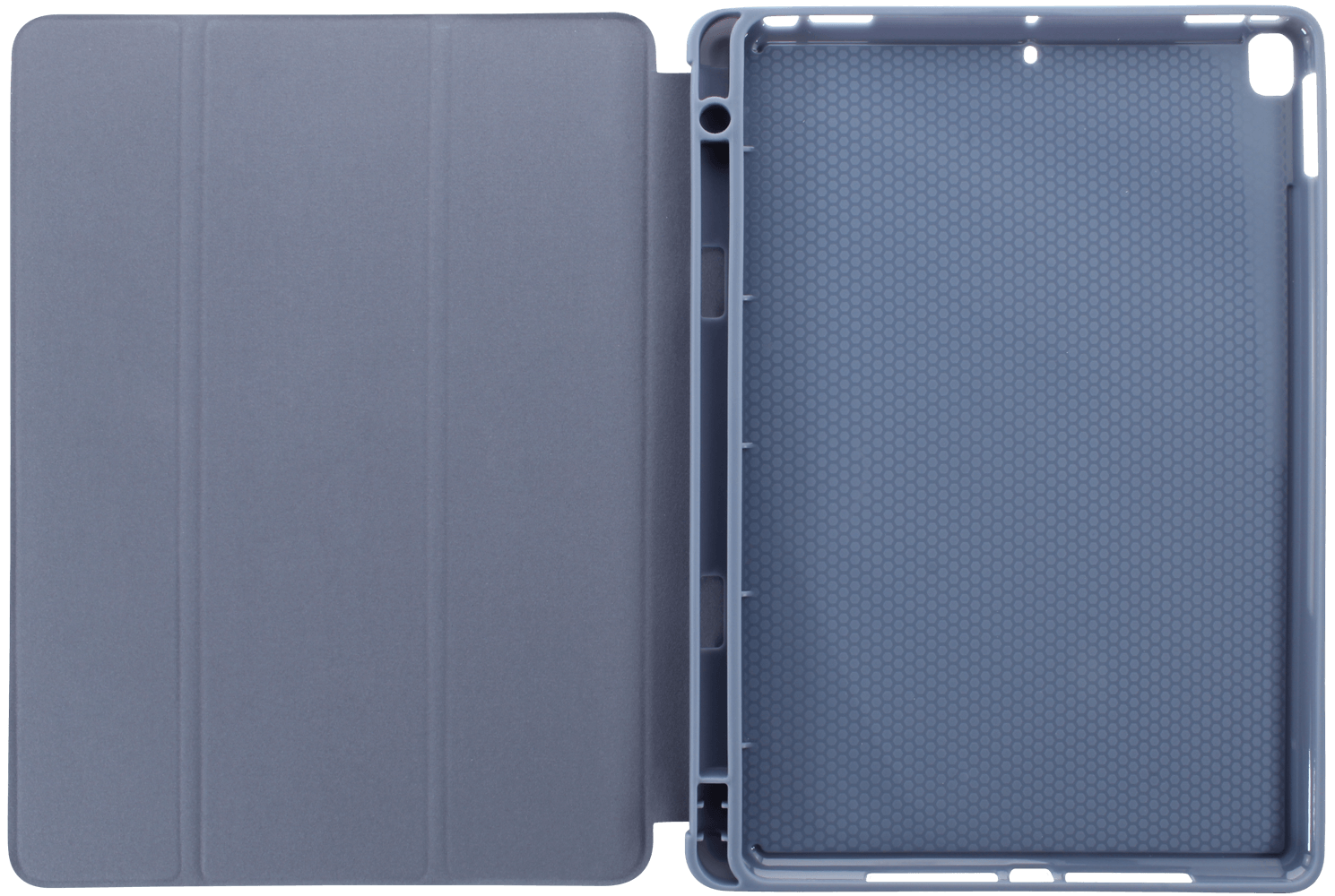 Apple iPad 10.2 (2021) oldalra nyíló flipes bőrtok asztali tartó funkciós, ceruzatartóval kékesszürke