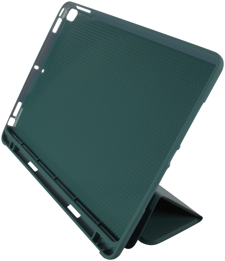 Apple iPad 10.2 (2021) oldalra nyíló flipes bőrtok asztali tartó funkciós, ceruzatartóval sötétzöld