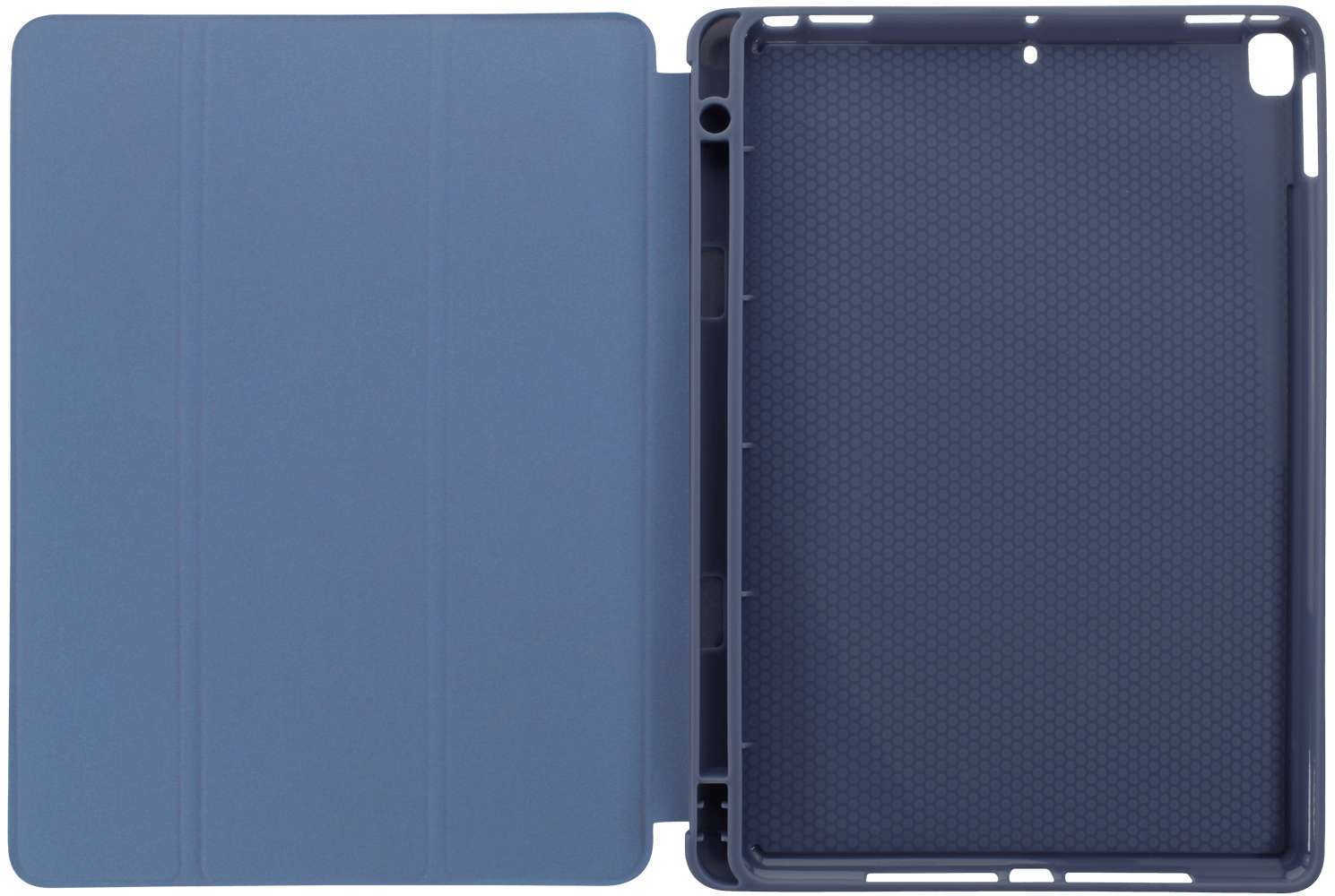 Apple iPad 10.2 (2021) oldalra nyíló flipes bőrtok asztali tartó funkciós, ceruzatartóval sötétkék