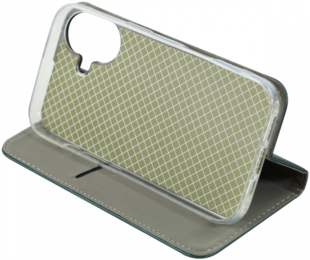 Apple iPhone 16 oldalra nyíló flipes bőrtok asztali tartó funkciós sötétzöld