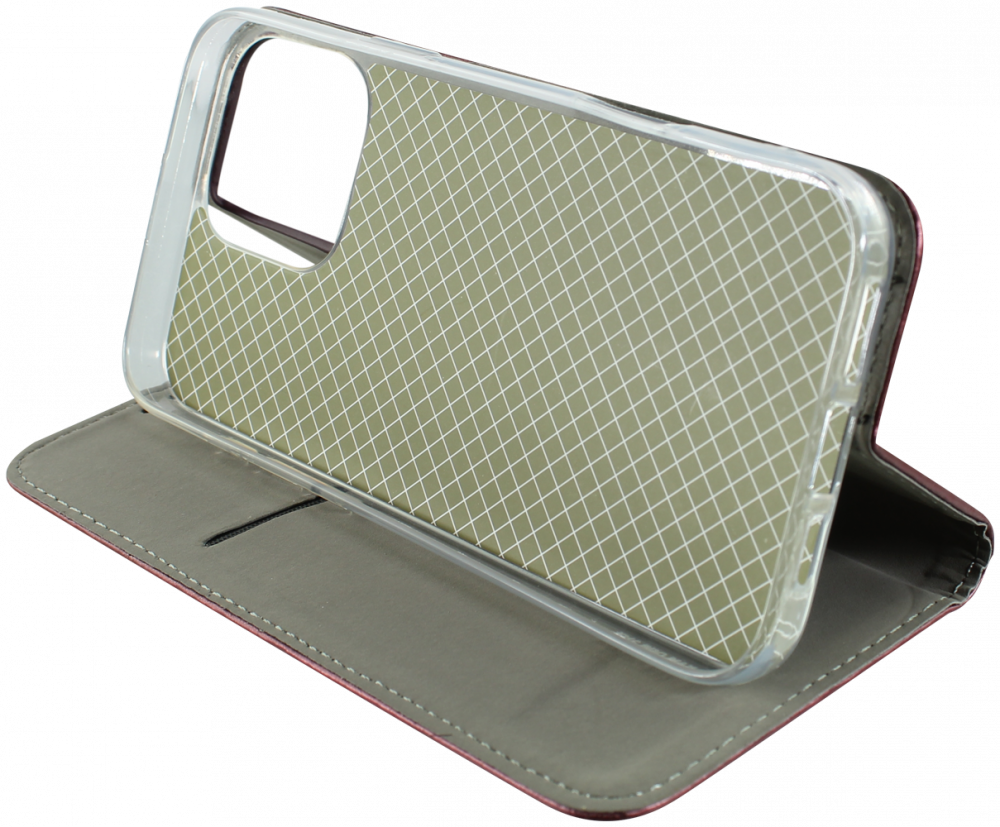 Apple iPhone 16 Pro Max oldalra nyíló flipes bőrtok asztali tartó funkciós bordó