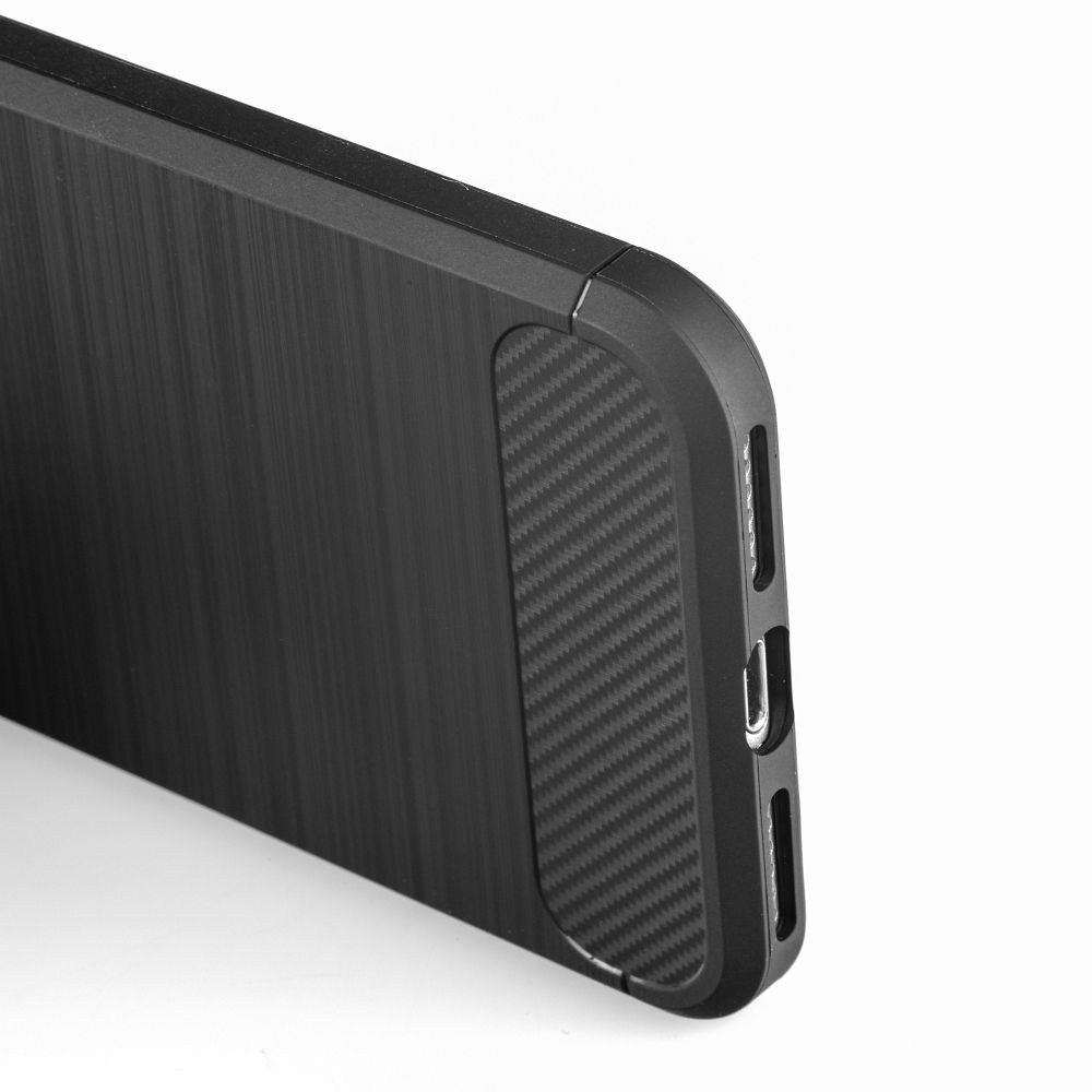 Apple iPhone X ütésálló szilikon tok szálcsiszolt-karbon minta légpárnás sarok logó kihagyós fekete
