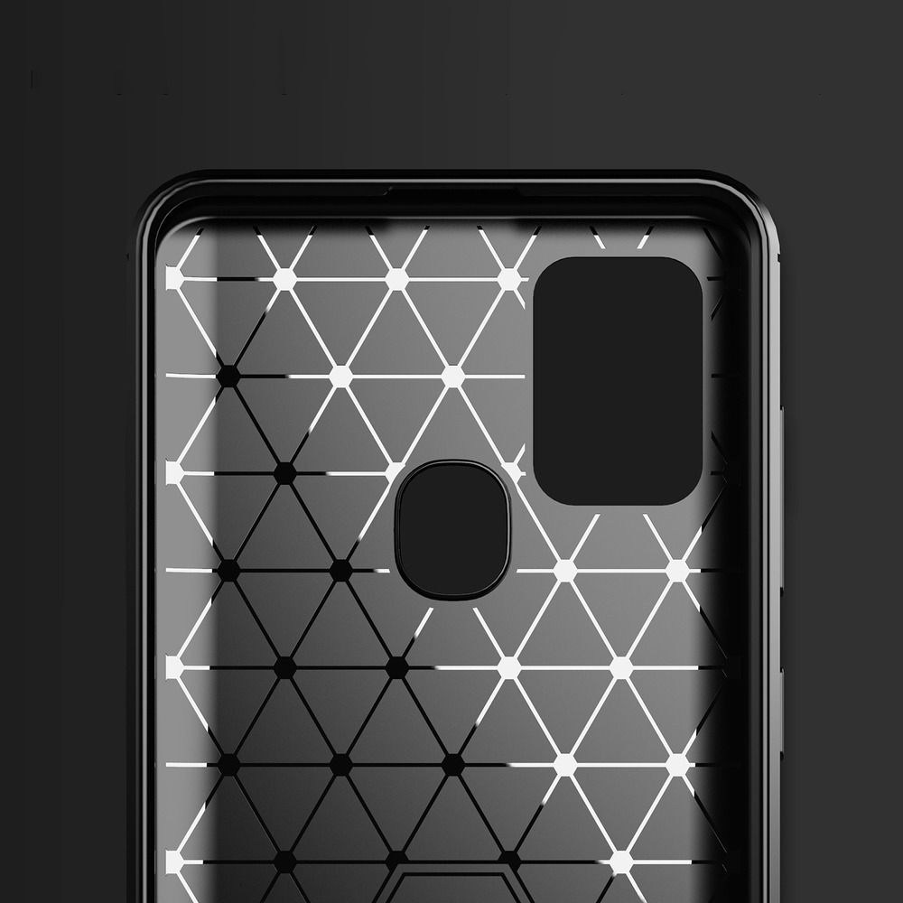 Samsung Galaxy A21s (SM-A217F) ütésálló szilikon tok szálcsiszolt-karbon minta légpárnás sarok fekete