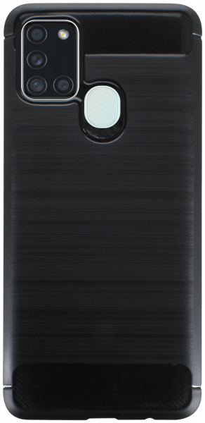 Samsung Galaxy A21s (SM-A217F) ütésálló szilikon tok szálcsiszolt-karbon minta légpárnás sarok fekete